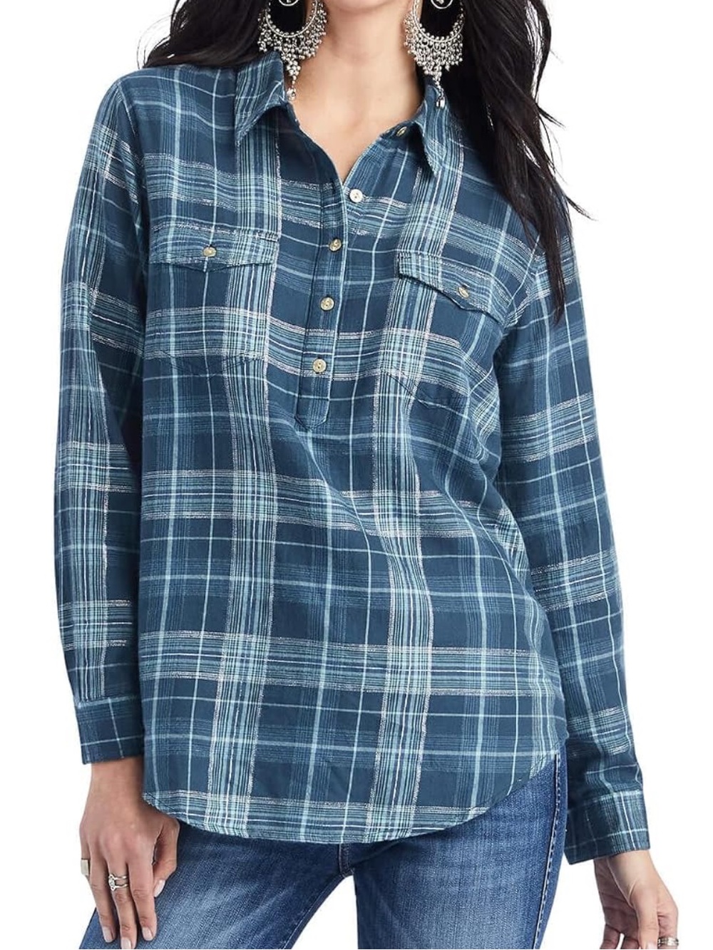 Ariat Real Womens Billie Jean Popover Teal Plaid Long Sleeve Shirt Large Relaxed